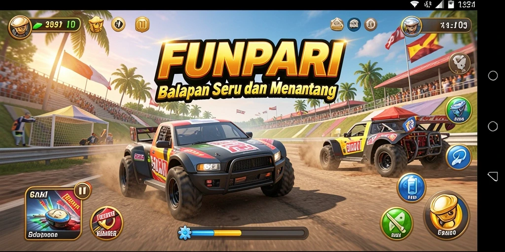 Gameplay seru di <strong>FUNPARI</strong> menunjukkan balapan mendebarkan dan kendaraan yang bertenaga.