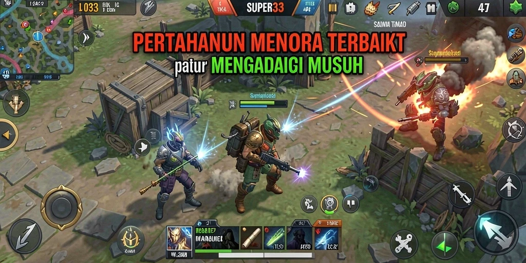 Gameplay SUPER33 menampilkan menara beragam melawan gelombang musuh.