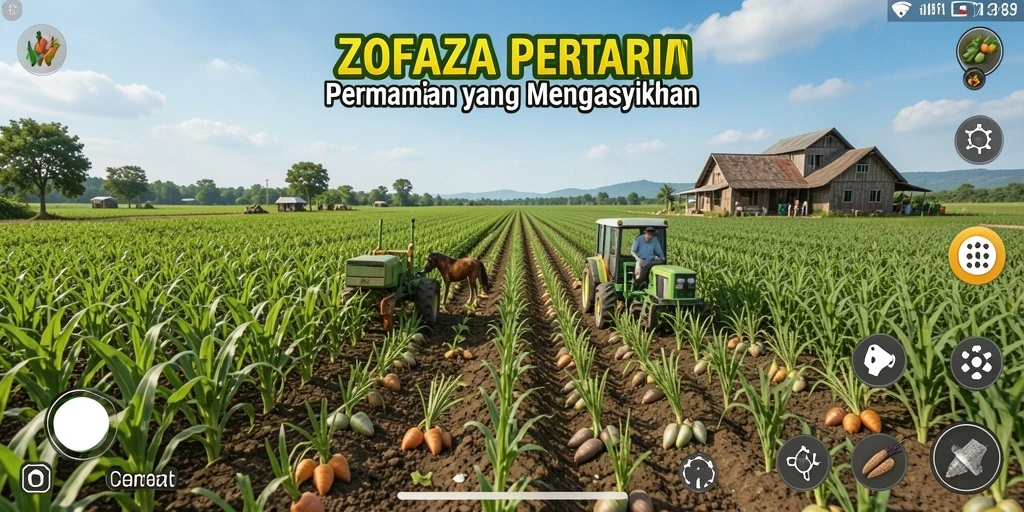 Screenshot gameplay ZOFAZA menampilkan pertanian hijau yang subur dan interaksi dengan teman.
